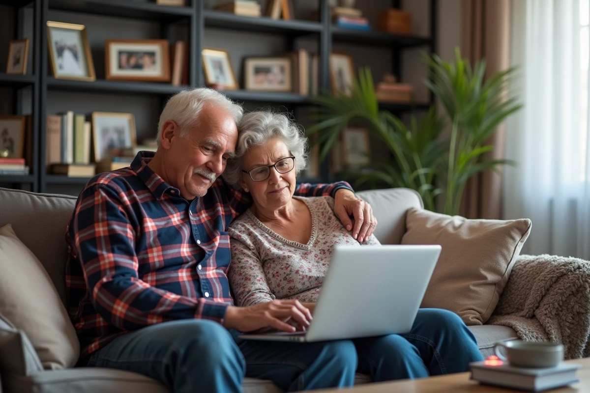 Un couple de seniors recherche des aides financières en ligne pour l'achat d'un calendrier électronique dans leur salon