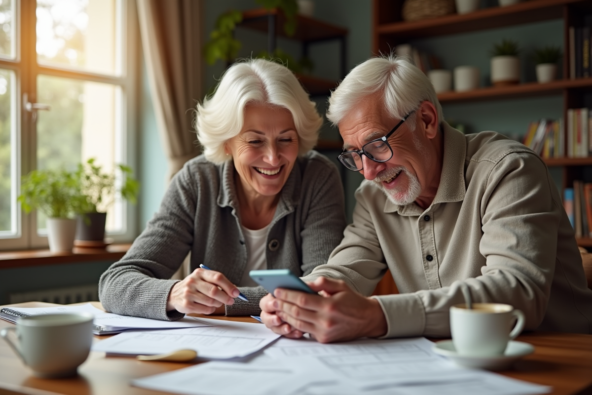 Couple senior souriant utilisant un smartphone à la maison