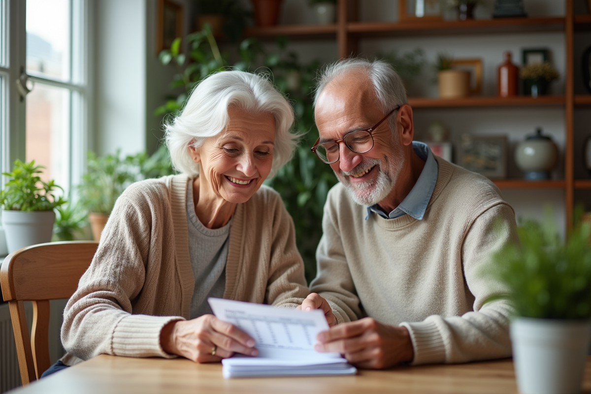 Couple senior souriant en cuisine pour la gestion du budget