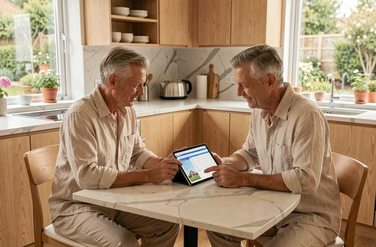 Couple de seniors étudiant ensemble un plan de financement immobilier sur tablette dans leur cuisine moderne