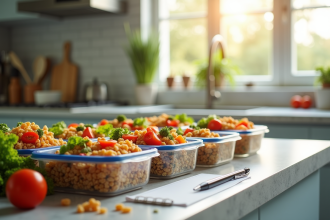 Plan de travail moderne avec repas sains et légumes frais