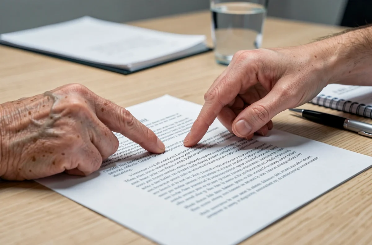 Gros plan sur des mains pointant les clauses importantes d'un contrat de séjour en maison de retraite