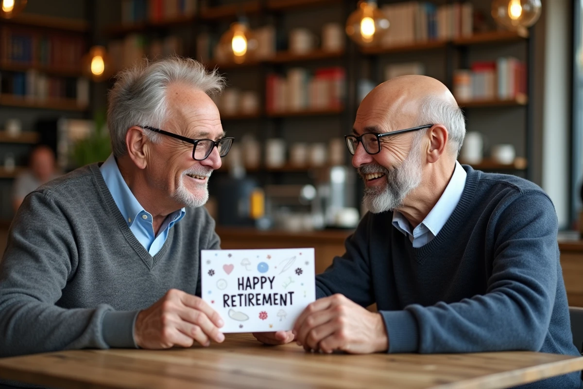 Deux hommes âgés échangeant une carte dans un café chaleureux