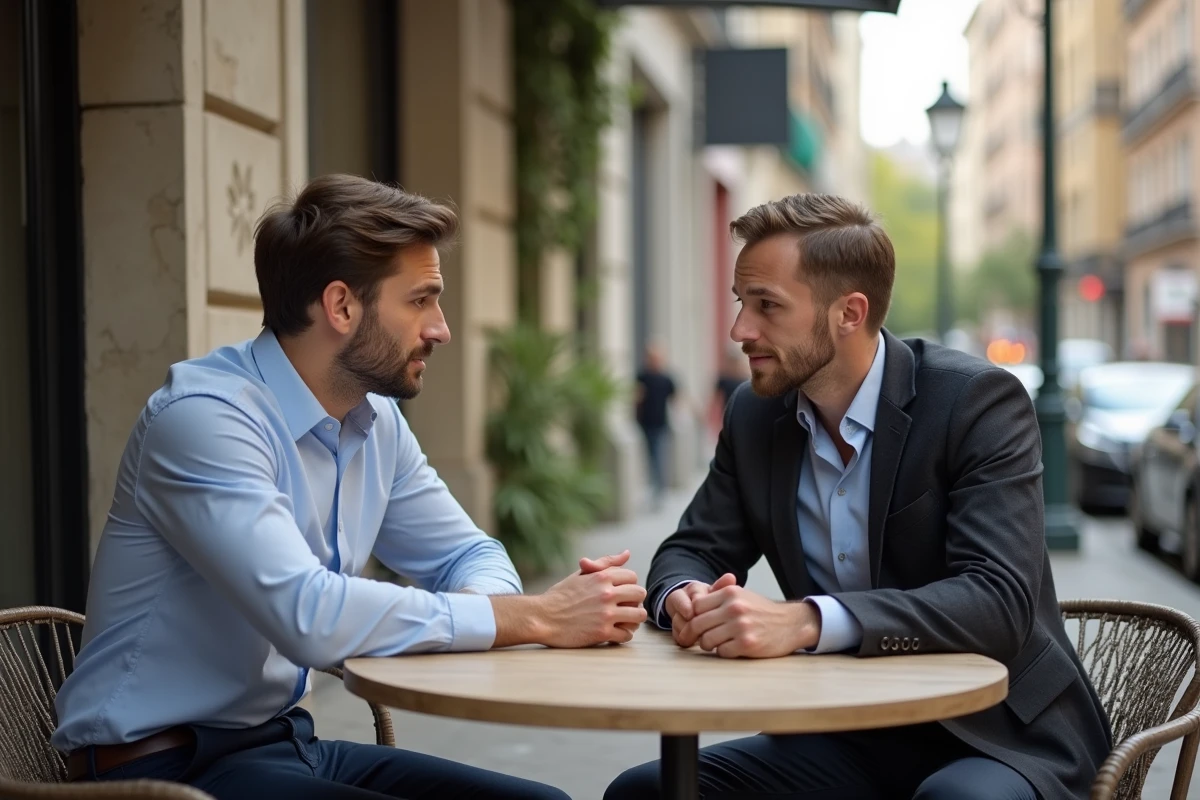 Deux hommes en discussion dans un café en plein air