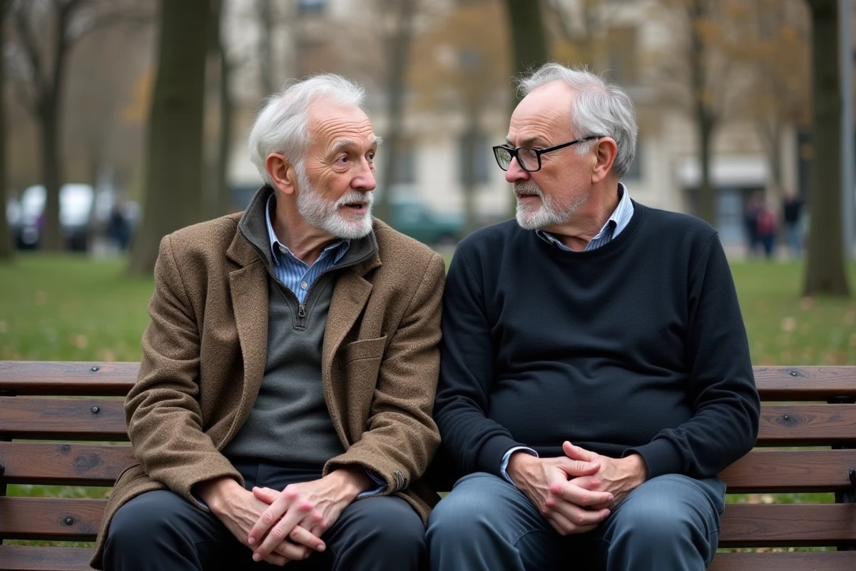 Deux hommes discutent assis sur un banc dans un parc urbain