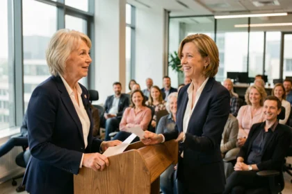 Femme de 60 ans prononçant un discours de départ en retraite devant des collègues de différentes générations dans un bureau moderne