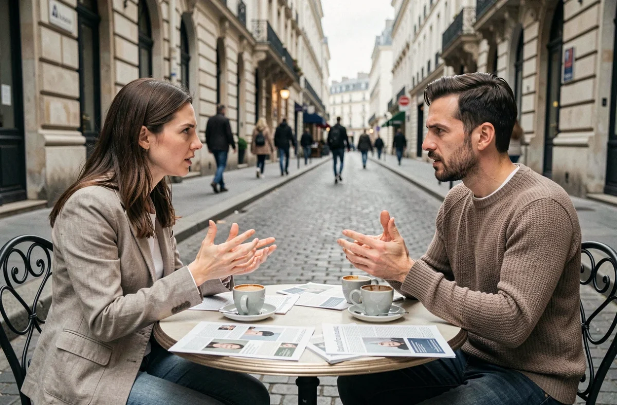 Deux personnes discutant de rumeurs et d'intox autour du drame Schoulevilz dans un café parisien