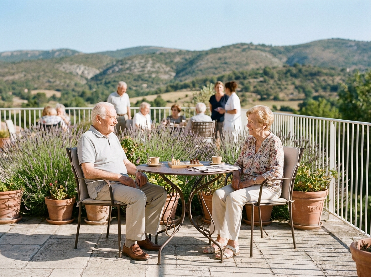Deux résidents seniors profitant de la terrasse ensoleillée d'un EHPAD près de Toulon, atmosphère provençale paisible et cadre de vie agréable