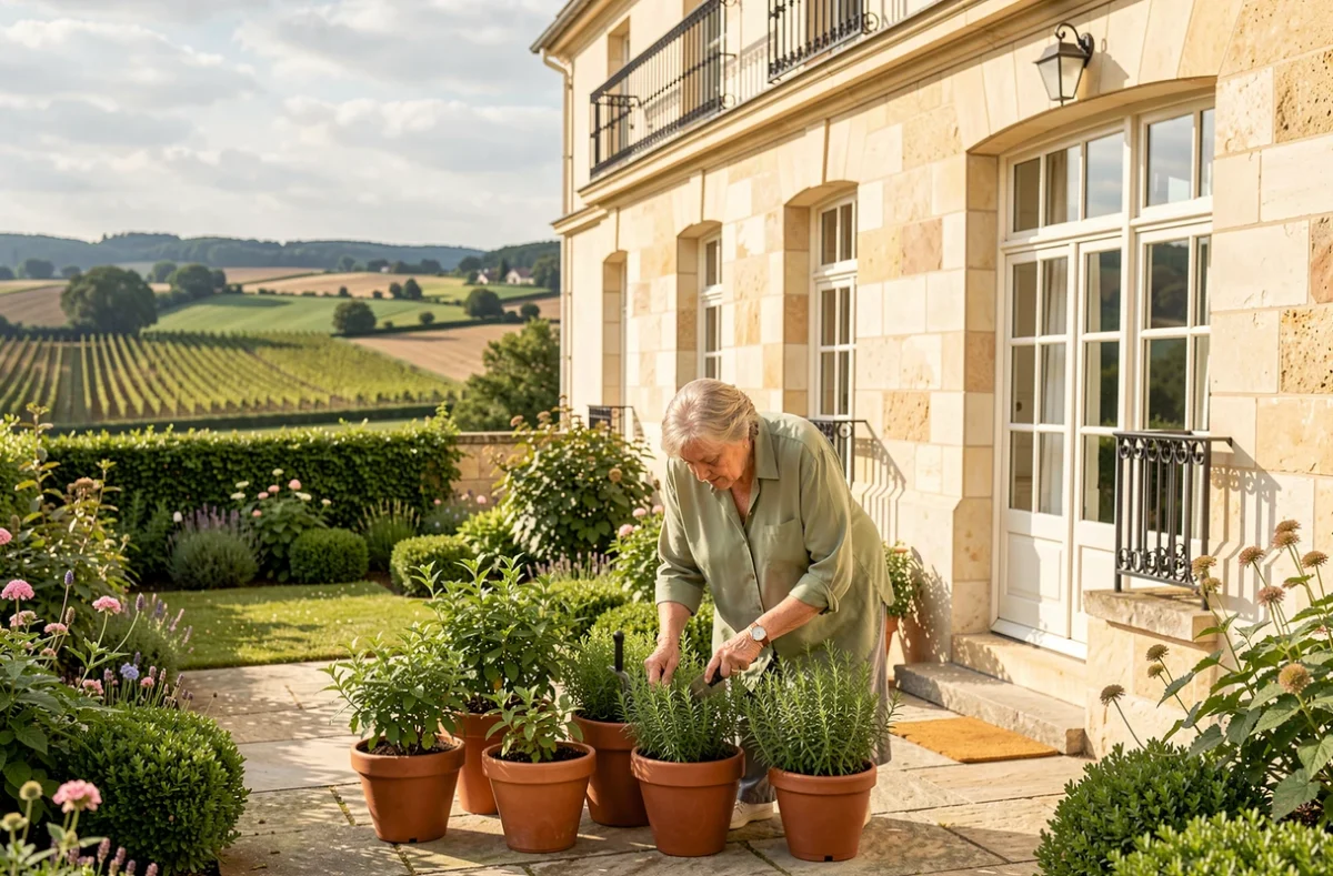 Résidente cultivant des herbes aromatiques sur la terrasse d'Epona By Heurus à Saumur avec la Loire en arrière-plan