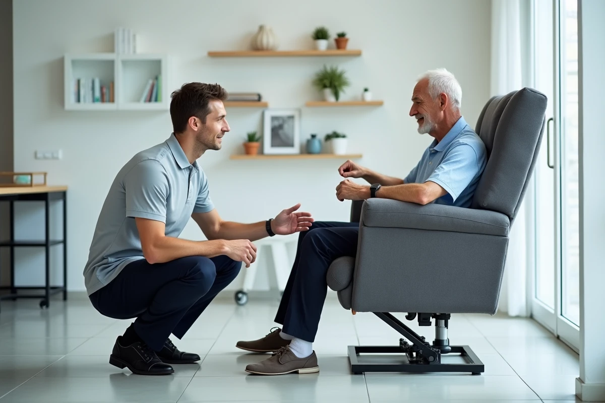 Ergothérapeute présentant un fauteuil releveur remboursé à un patient âgé dans une salle d'exposition
