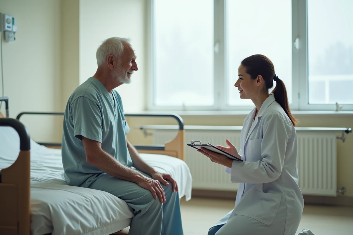 Ergothérapeute réalisant le test de Tinetti en observant l'équilibre d'un patient âgé assis sur un lit en salle de rééducation