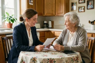 Travailleuse sociale évaluant les besoins d'une personne âgée à domicile avec une grille d'évaluation officielle