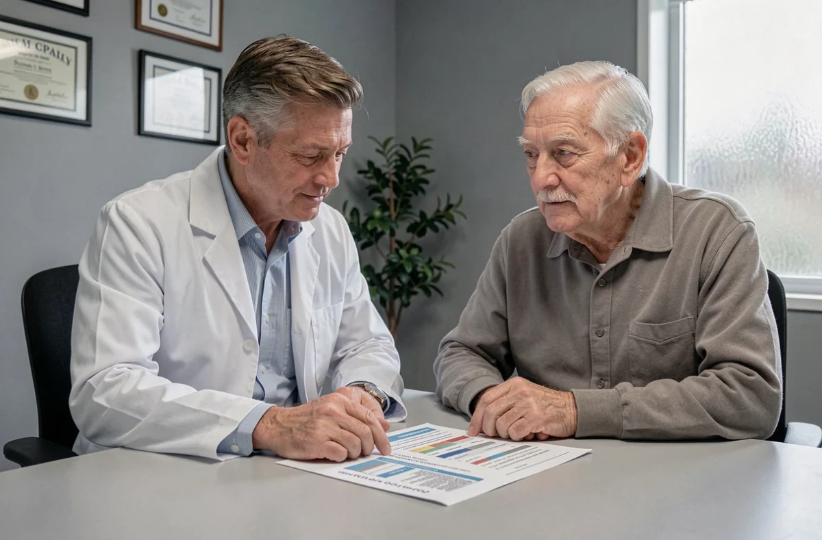 Gériatre réalisant une évaluation privée personnalisée avec un senior en cabinet médical