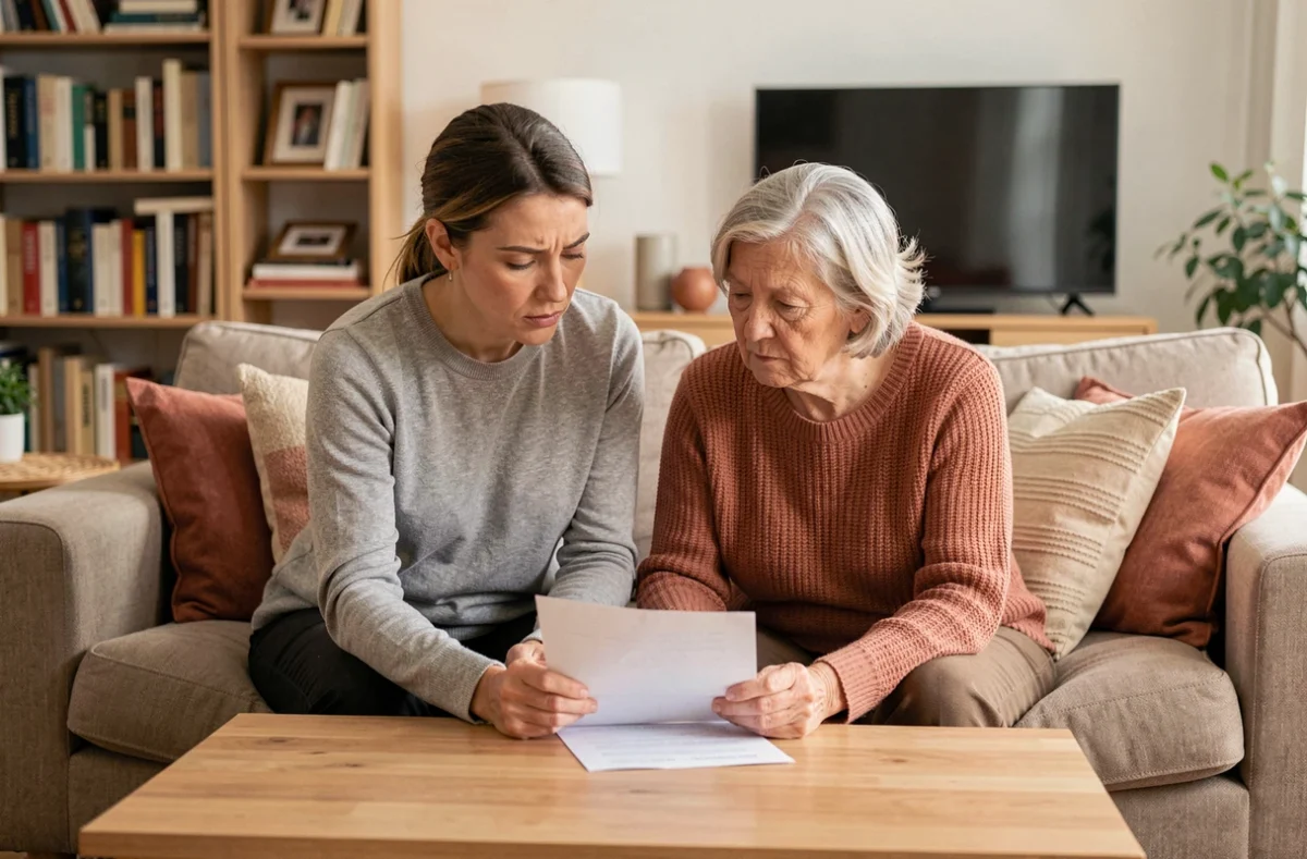 Fille adulte et mère âgée comparant des documents d'évaluation des besoins à domicile