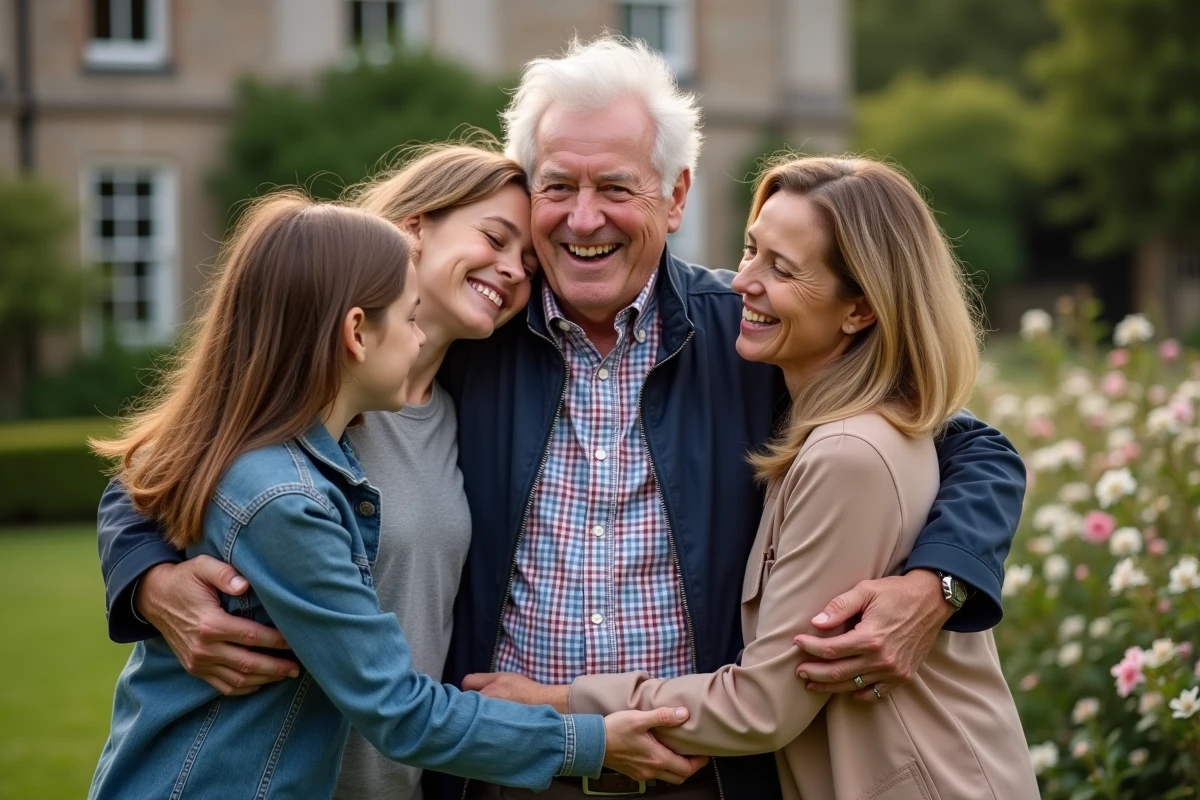 Famille de 70 ans en câlin dans un jardin fleuri