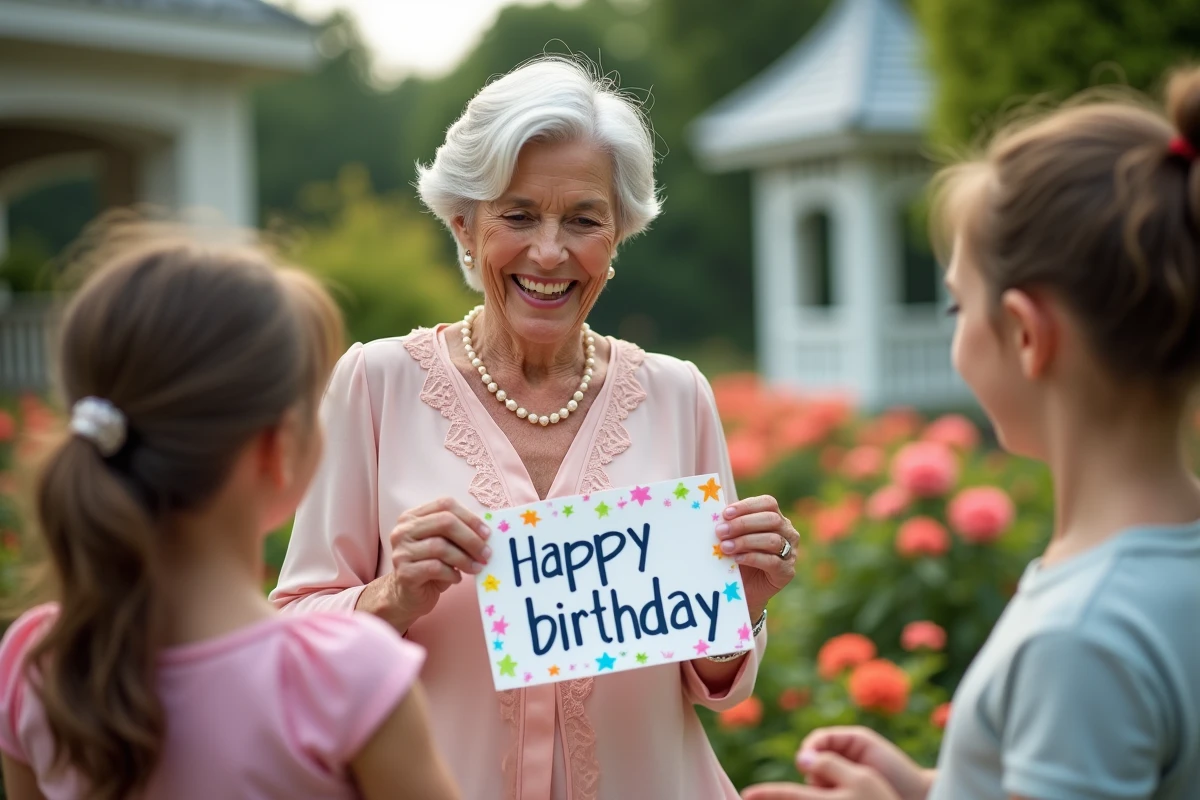 Femme de 70 ans souriante recevant un panneau d anniversaire dans le jardin