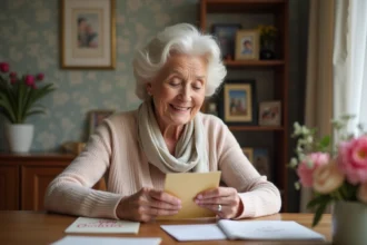 Femme âgée souriante avec carte d'anniversaire à la maison