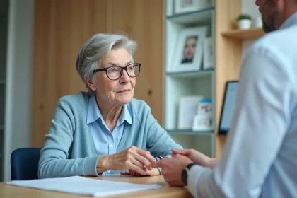 Femme agee attentive avec appareil auditif dans un centre auditif