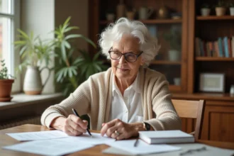 Femme âgée examinant des documents immobiliers et financiers à une table en bois pour planifier le financement d'une maison de retraite