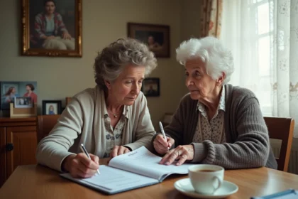 Femme agee et sa fille examinent des documents de santé