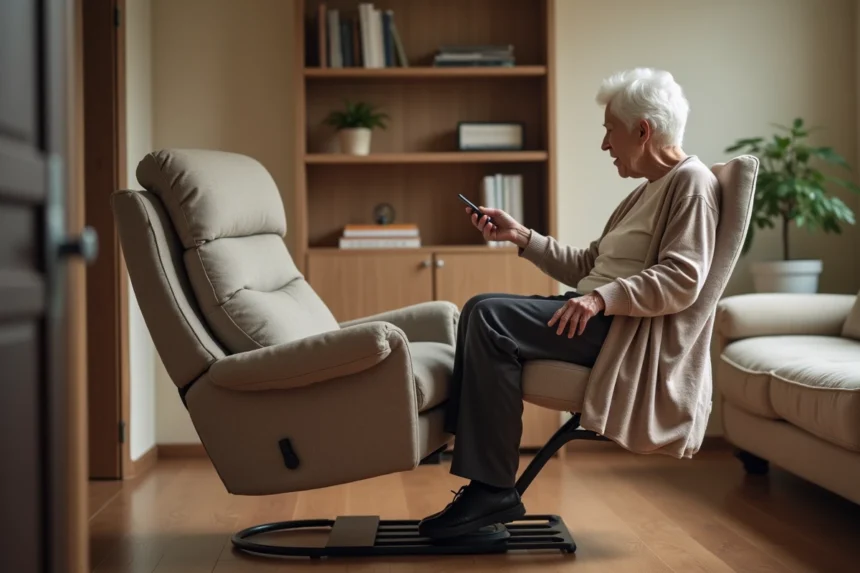 Femme âgée se relevant d'un fauteuil releveur électrique dans un salon confortable