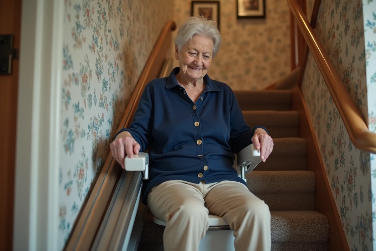 Femme âgée utilisant un monte-escalier portable manuel dans un couloir de maison avec moquette