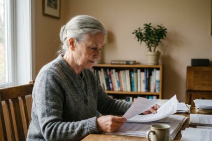 Femme âgée sereine consultant des documents de planification d'obsèques à son bureau, symbolisant la préparation apaisée de la crémation