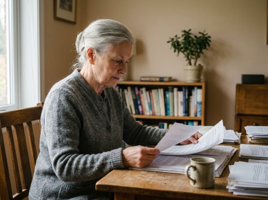 Femme âgée sereine consultant des documents de planification d'obsèques à son bureau, symbolisant la préparation apaisée de la crémation