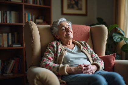 Femme âgée endormie dans un fauteuil cosy à la maison