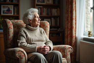 Femme agee assise dans un salon chaleureux
