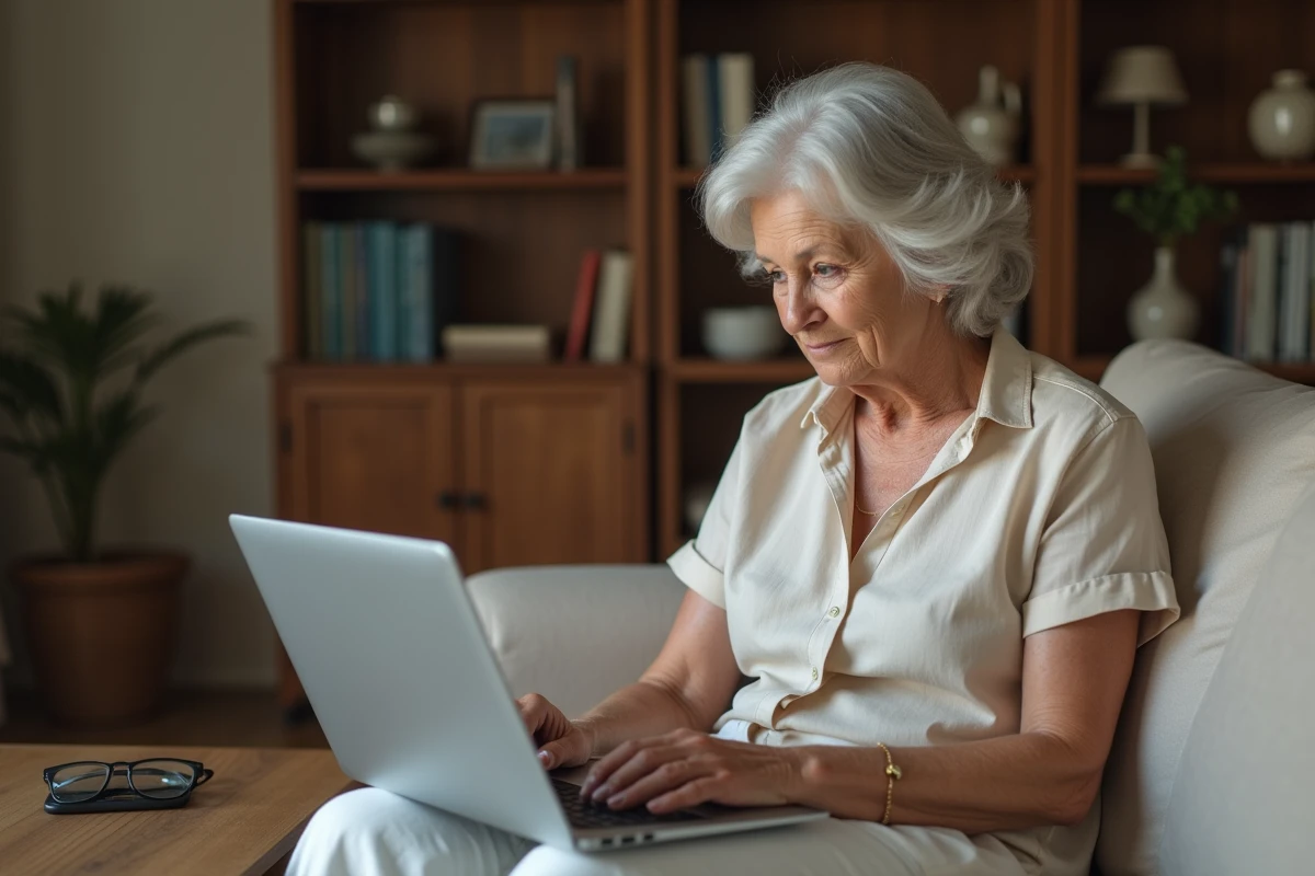Femme âgée consultant un site gouvernemental sur la pension de réversion depuis son salon