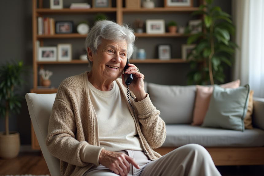 Femme âgée souriante parlant au téléphone dans son salon chaleureux