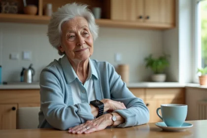 Femme agee assise avec montre connectee dans la cuisine