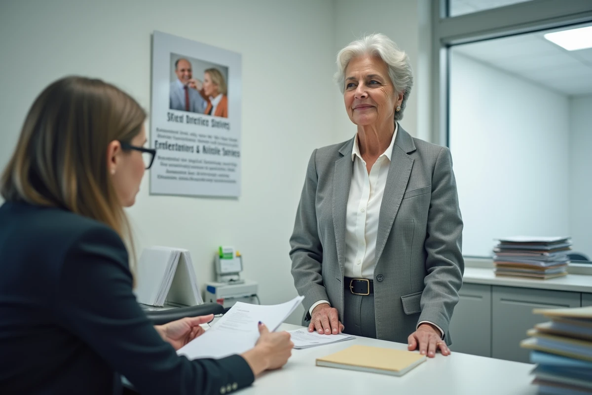 Femme agent de maîtrise consultant un conseiller retraite dans un organisme de sécurité sociale