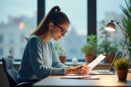 Femme lisant un rapport dans un bureau lumineux