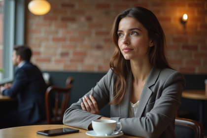 Femme en tenue casual assise au café avec tasse et smartphone