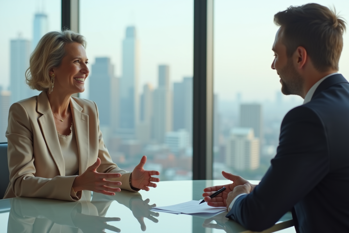 Femme souriante en blazer beige discutant avec un conseiller en ville