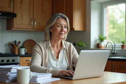 Femme d'âge moyen travaillant à son bureau cuisine
