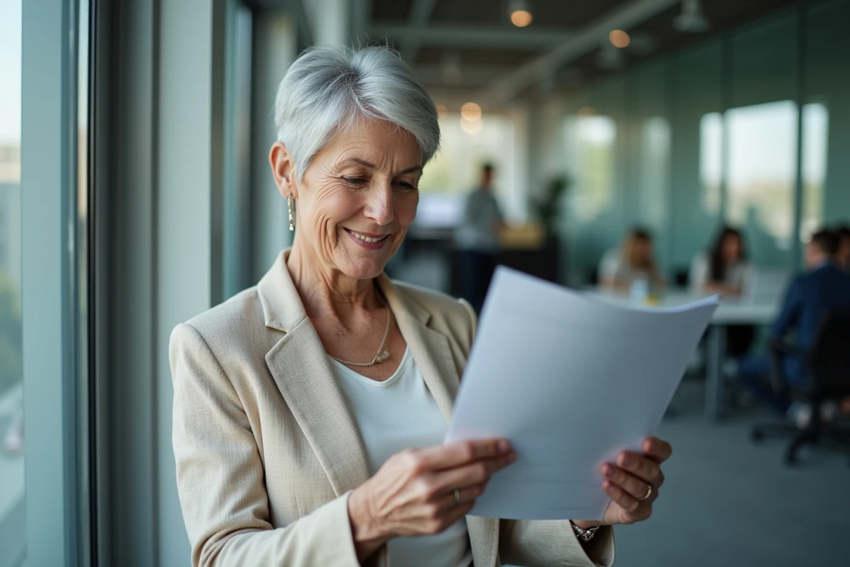 Femme senior lisant sa lettre de départ en retraite dans un bureau moderne