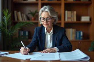 Femme d'une cinquantaine d'années examinant des documents administratifs relatifs à la récupération de l'APA sur succession