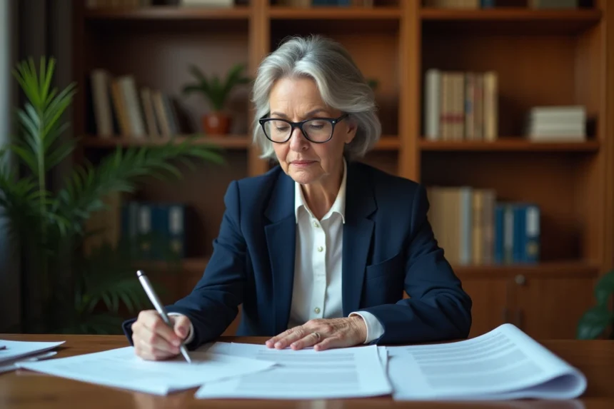 Femme d'une cinquantaine d'années examinant des documents administratifs relatifs à la récupération de l'APA sur succession
