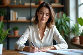 Femme d'âge moyen écrivant une lettre dans un bureau moderne