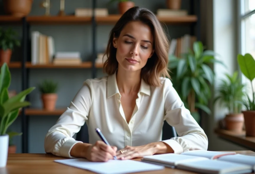 Femme d'âge moyen écrivant une lettre dans un bureau moderne