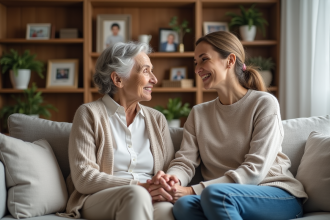 Femme âgée avec sa fille dans un salon chaleureux