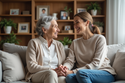 Femme âgée avec sa fille dans un salon chaleureux