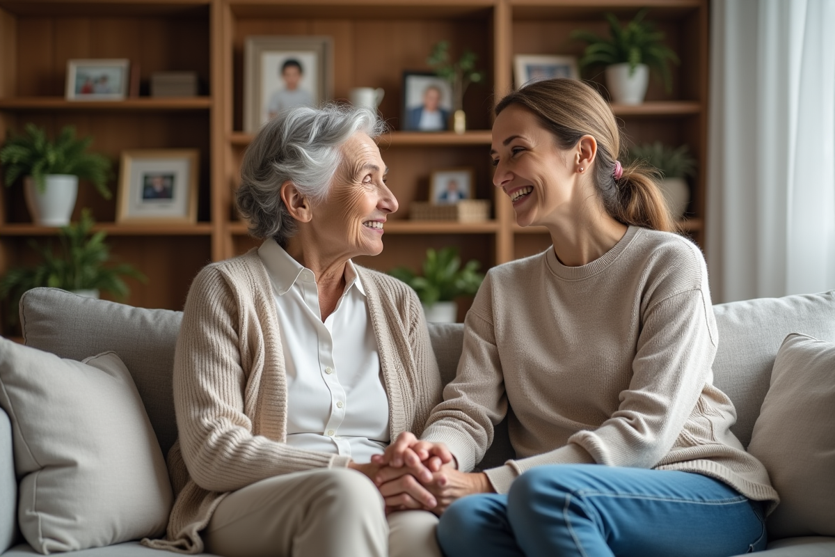 Femme âgée avec sa fille dans un salon chaleureux