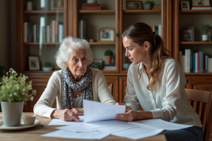 Femme âgée française lisant des papiers avec sa fille