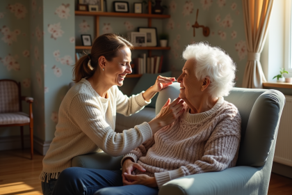 Femme d'âge moyen aidant sa mère âgée dans un salon lumineux