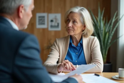 Femme de 60 ans en entretien avec conseiller emploi