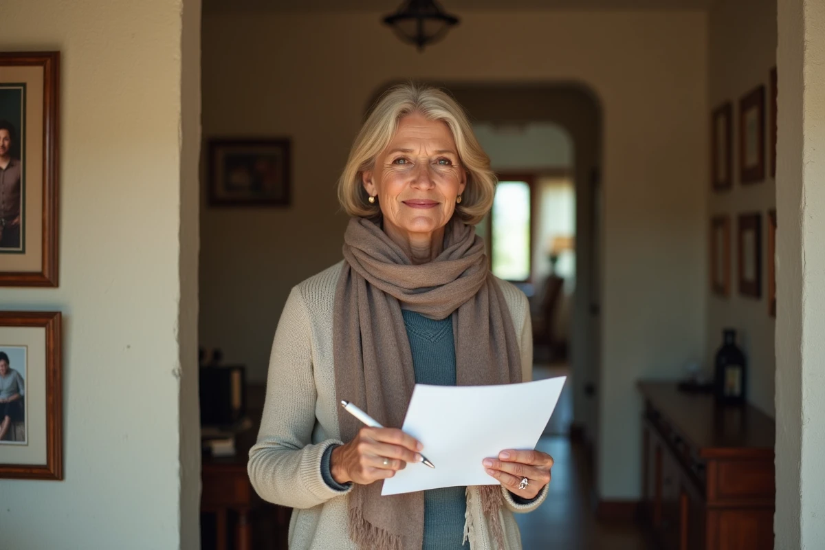 Femme tenant une lettre dans un couloir chaleureux